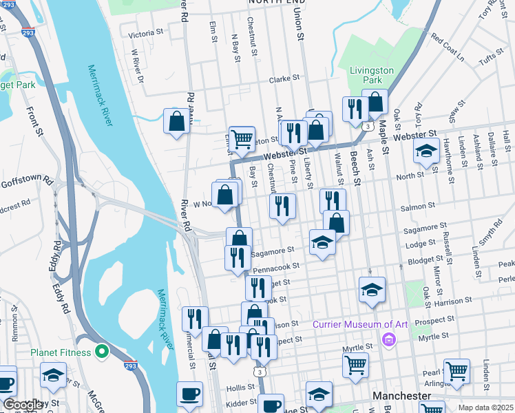 map of restaurants, bars, coffee shops, grocery stores, and more near 57 Bay Street in Manchester