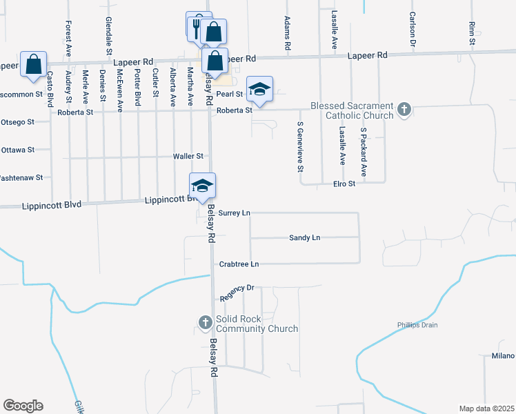 map of restaurants, bars, coffee shops, grocery stores, and more near 6079 Surrey Lane in Burton