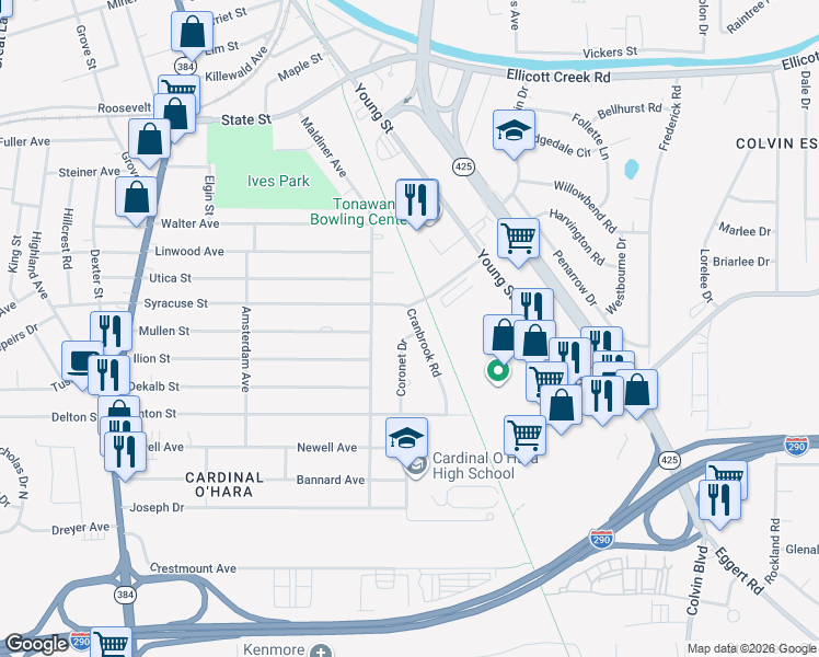 map of restaurants, bars, coffee shops, grocery stores, and more near 85 Cranbrook Road in Tonawanda