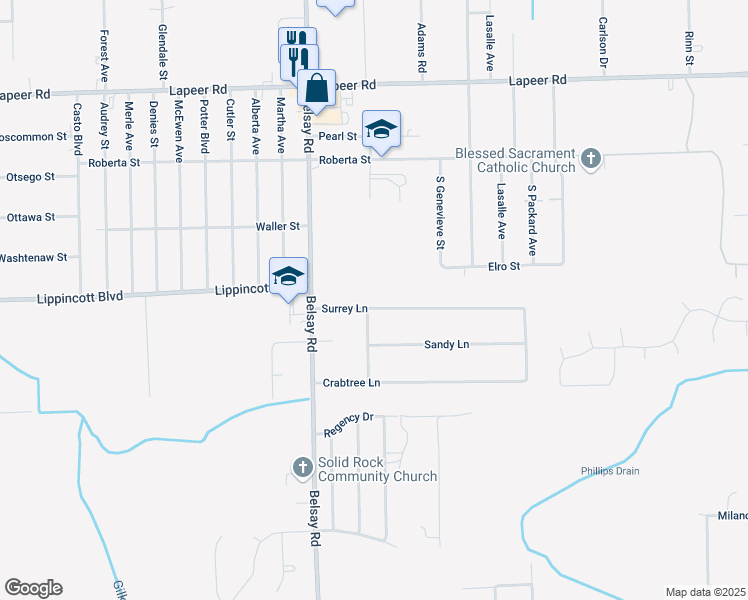 map of restaurants, bars, coffee shops, grocery stores, and more near 6079 Surrey Lane in Burton