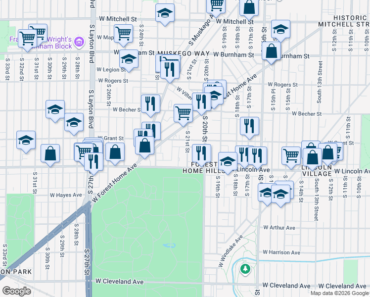 map of restaurants, bars, coffee shops, grocery stores, and more near 2221 South 21st Street in Milwaukee