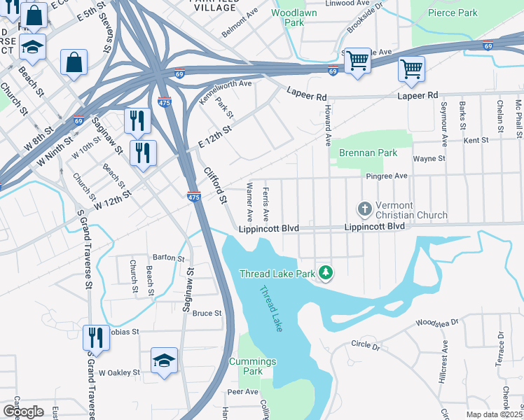 map of restaurants, bars, coffee shops, grocery stores, and more near 2018 Ferris Avenue in Flint