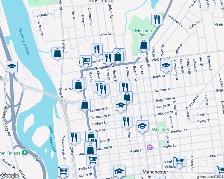 map of restaurants, bars, coffee shops, grocery stores, and more near 718 Pine Street in Manchester