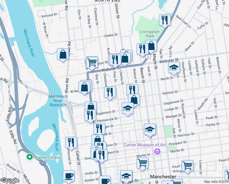 map of restaurants, bars, coffee shops, grocery stores, and more near 718 Pine Street in Manchester
