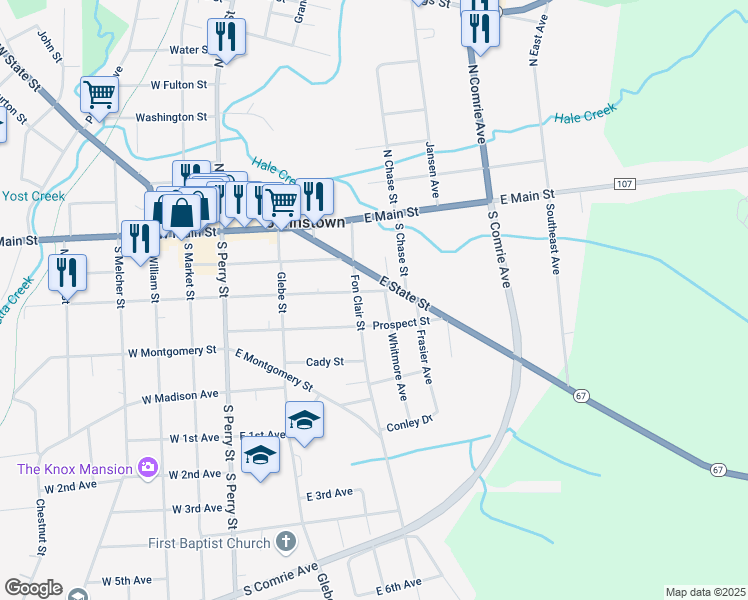 map of restaurants, bars, coffee shops, grocery stores, and more near 111 East State Street in Johnstown