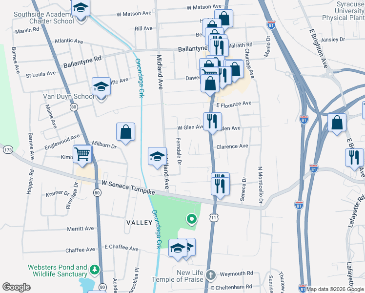 map of restaurants, bars, coffee shops, grocery stores, and more near 212 Ferndale Drive in Syracuse