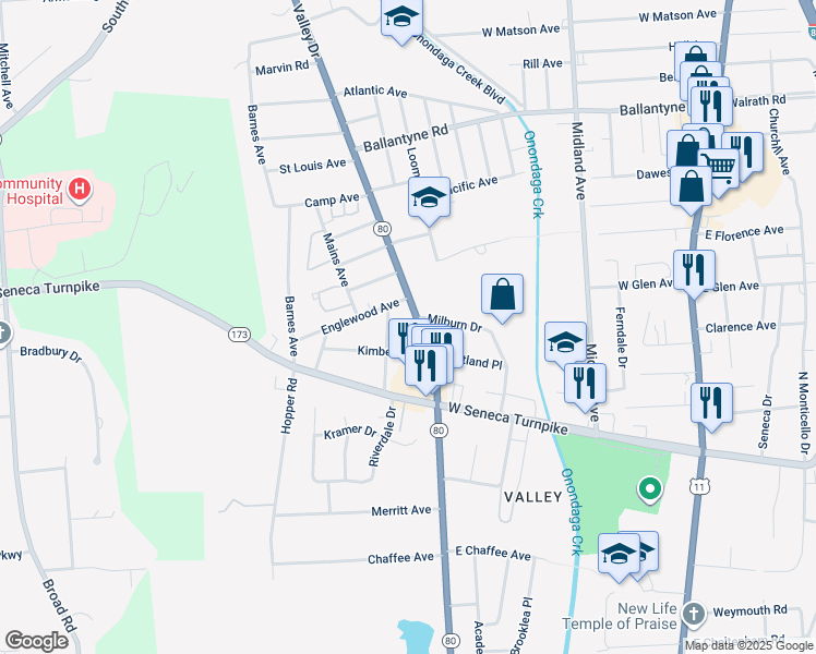 map of restaurants, bars, coffee shops, grocery stores, and more near 113 Englewood Avenue in Syracuse