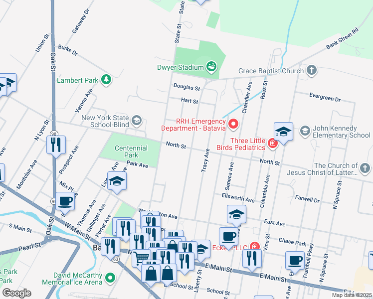map of restaurants, bars, coffee shops, grocery stores, and more near 206 Bank Street in Batavia