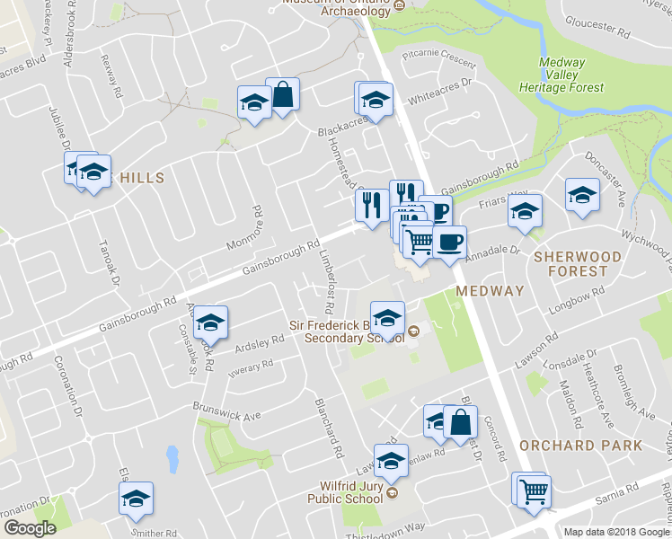 map of restaurants, bars, coffee shops, grocery stores, and more near 590 Gainsborough Road in London