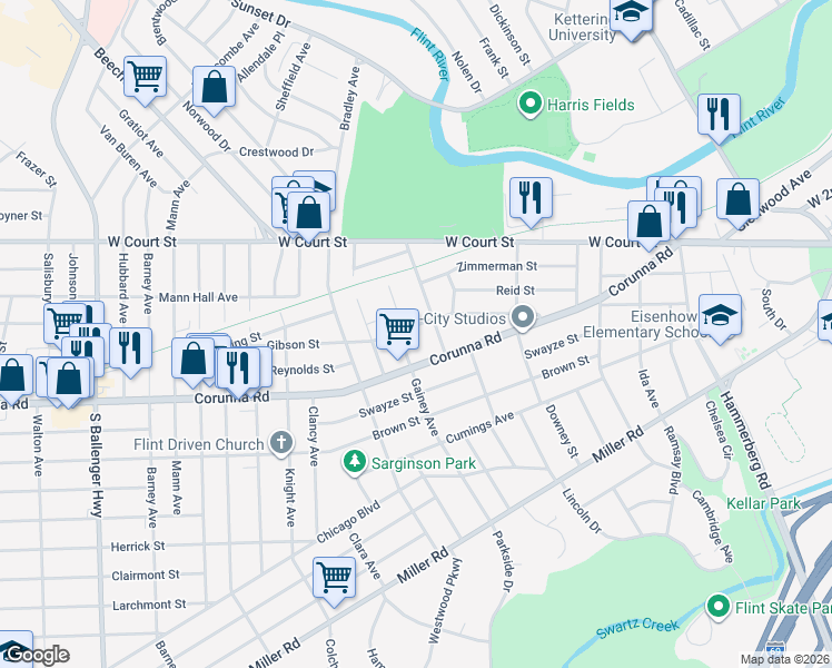 map of restaurants, bars, coffee shops, grocery stores, and more near 986 Farnum Avenue in Flint
