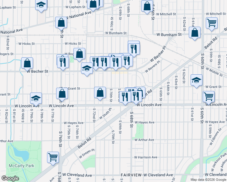 map of restaurants, bars, coffee shops, grocery stores, and more near 2165 South 70th Street in West Allis