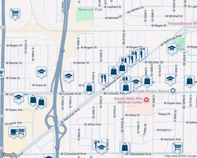 map of restaurants, bars, coffee shops, grocery stores, and more near 2142 South 95th Street in West Allis