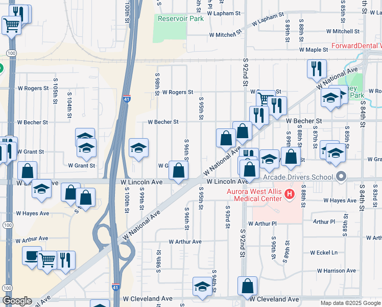 map of restaurants, bars, coffee shops, grocery stores, and more near 2144 South 96th Street in West Allis