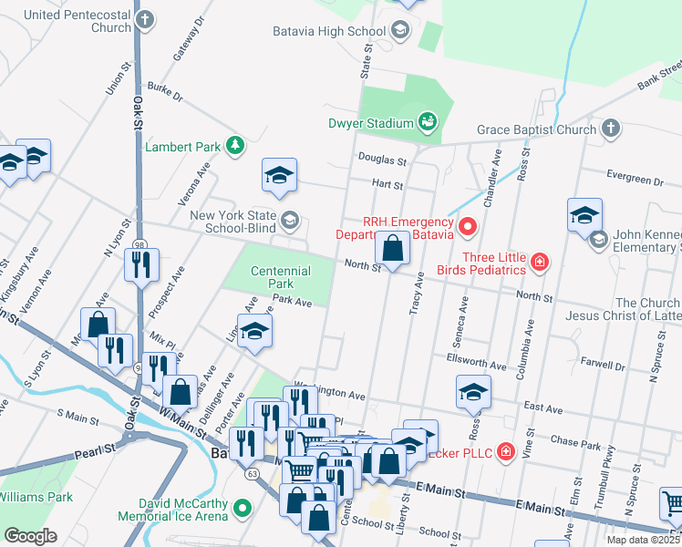 map of restaurants, bars, coffee shops, grocery stores, and more near 3 North Park in Batavia