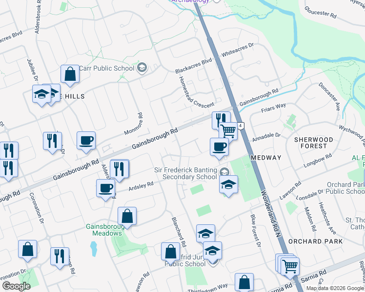 map of restaurants, bars, coffee shops, grocery stores, and more near 590 Gainsborough Road in London