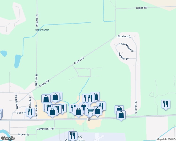 map of restaurants, bars, coffee shops, grocery stores, and more near 1880 Woodland Drive in Owosso