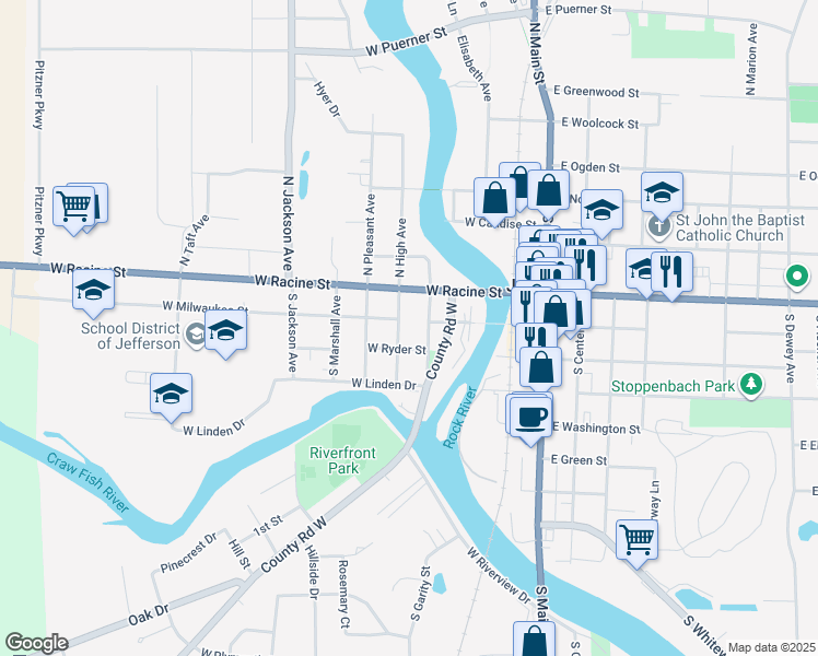 map of restaurants, bars, coffee shops, grocery stores, and more near 114 South Copeland Avenue in Jefferson