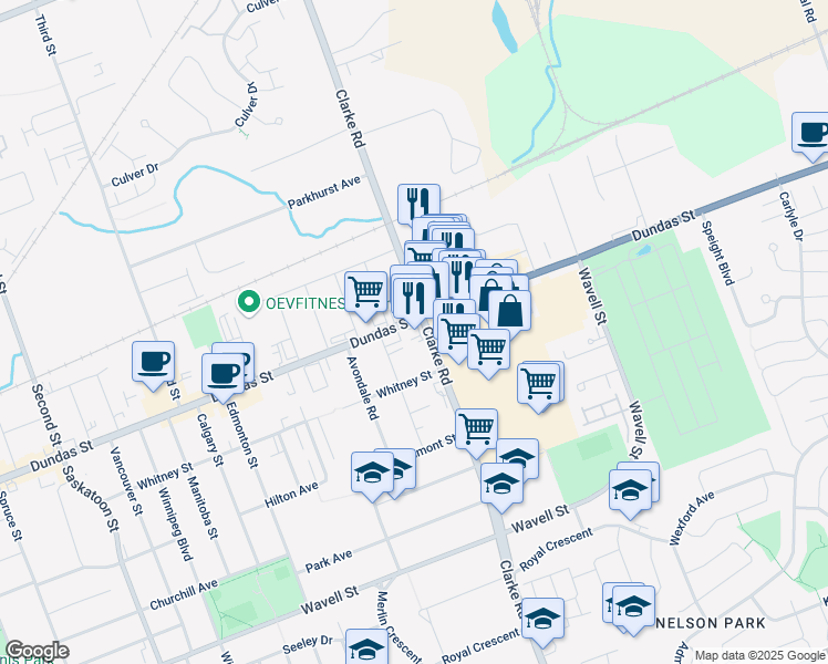 map of restaurants, bars, coffee shops, grocery stores, and more near 1905 Dundas Street in London