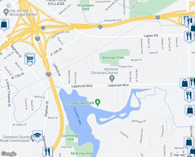 map of restaurants, bars, coffee shops, grocery stores, and more near 2038 Howard Avenue in Flint