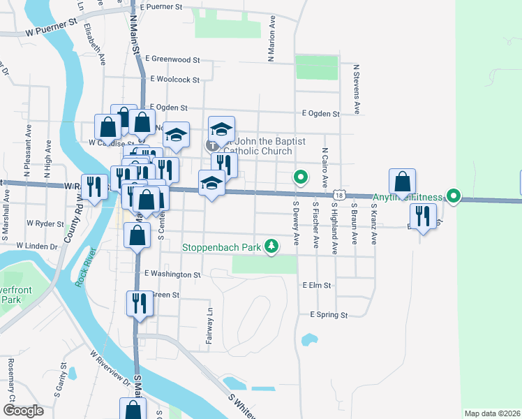 map of restaurants, bars, coffee shops, grocery stores, and more near 404 East Racine Street in Jefferson