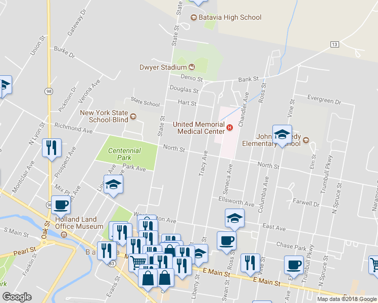 map of restaurants, bars, coffee shops, grocery stores, and more near 14020 North Street Road in Le Roy