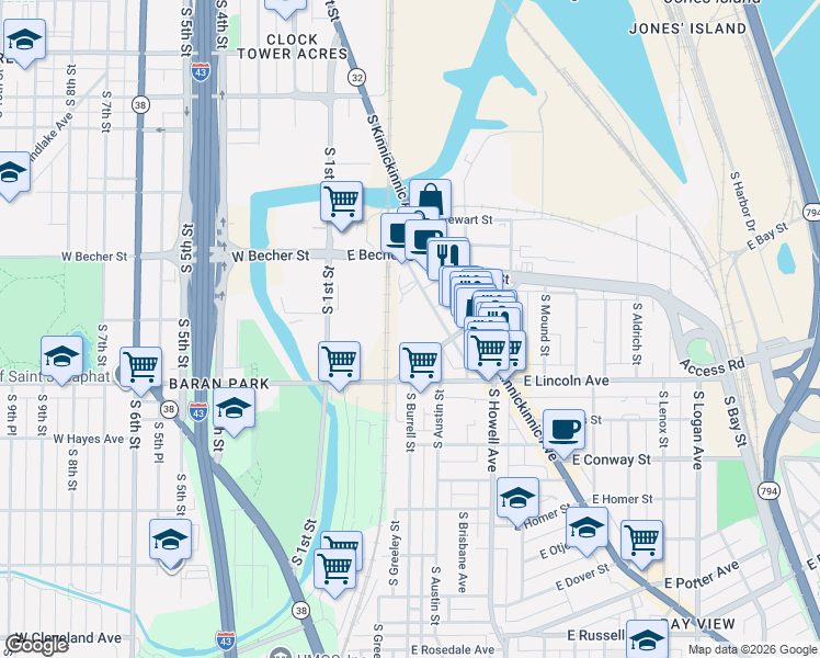map of restaurants, bars, coffee shops, grocery stores, and more near 2141 South Robinson Avenue in Milwaukee