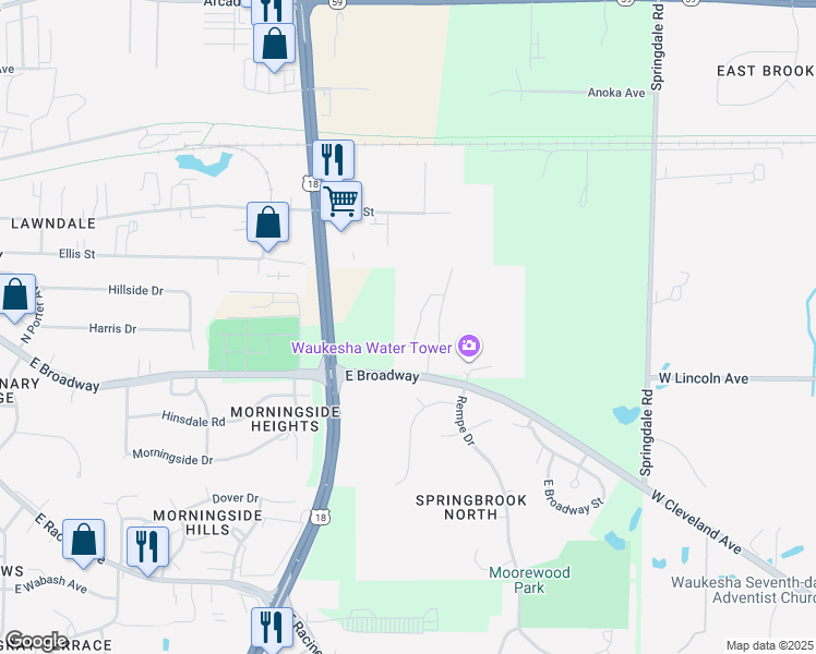map of restaurants, bars, coffee shops, grocery stores, and more near 1902 East Broadway Street in Waukesha