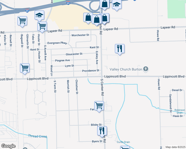 map of restaurants, bars, coffee shops, grocery stores, and more near 3836 Providence Street in Flint
