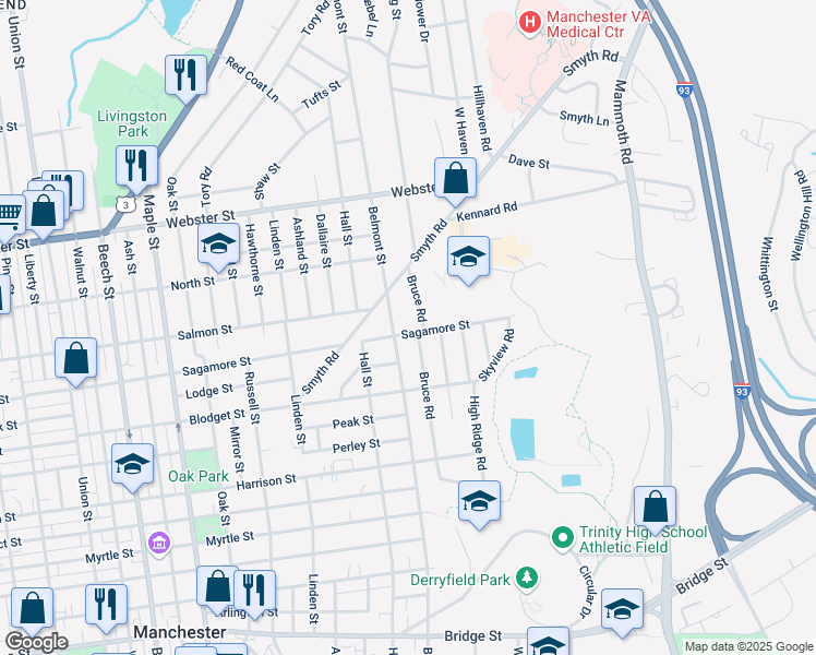 map of restaurants, bars, coffee shops, grocery stores, and more near 225 Smyth Road in Manchester