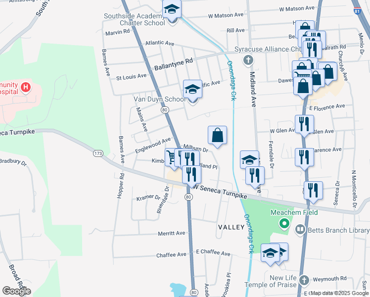 map of restaurants, bars, coffee shops, grocery stores, and more near 1309 Valley Drive in Syracuse