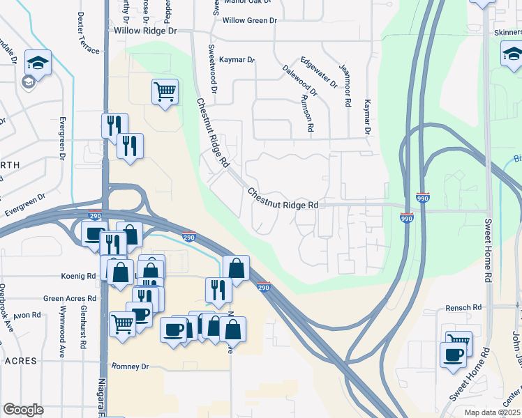 map of restaurants, bars, coffee shops, grocery stores, and more near 4393 Chestnut Ridge Road in Buffalo