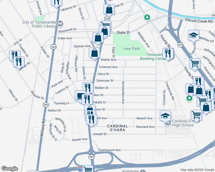 map of restaurants, bars, coffee shops, grocery stores, and more near 34 Syracuse Street in Tonawanda