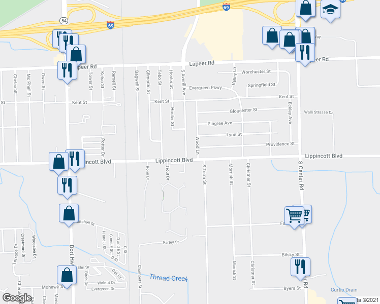 map of restaurants, bars, coffee shops, grocery stores, and more near 2030 South Averill Avenue in Flint