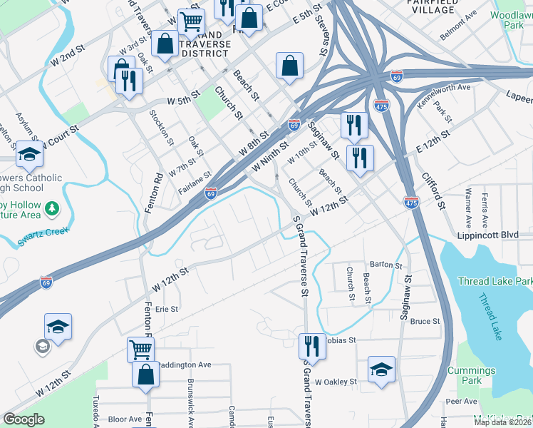 map of restaurants, bars, coffee shops, grocery stores, and more near 1435 Tacoma Street in Flint