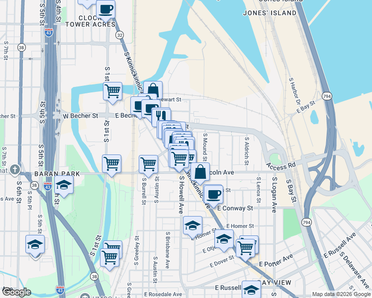 map of restaurants, bars, coffee shops, grocery stores, and more near 2149 South Allis Street in Milwaukee