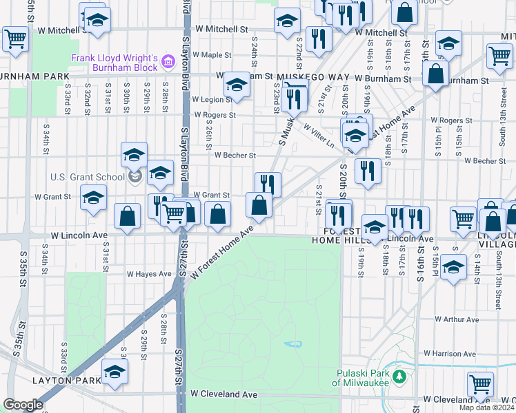 map of restaurants, bars, coffee shops, grocery stores, and more near 2181-2183 South Muskego Avenue in Milwaukee