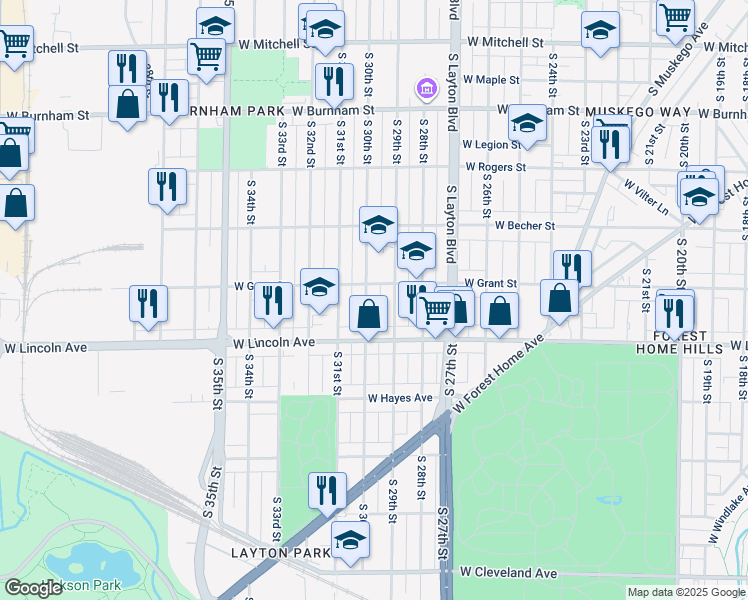 map of restaurants, bars, coffee shops, grocery stores, and more near 2201 South 29th Street in Milwaukee