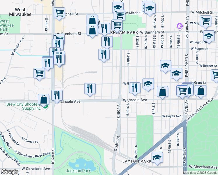 map of restaurants, bars, coffee shops, grocery stores, and more near 3632 West Grant Street in Milwaukee