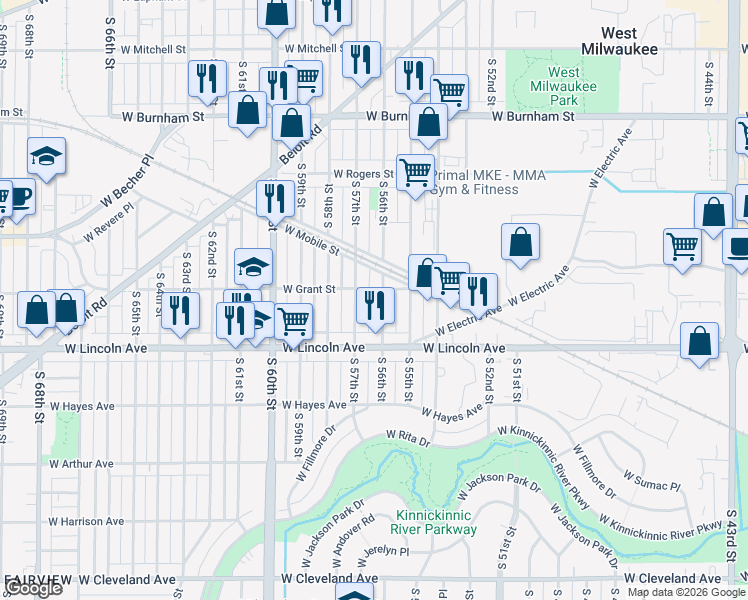 map of restaurants, bars, coffee shops, grocery stores, and more near 2164 South 56th Street in West Allis