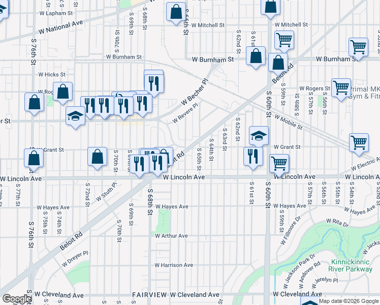 map of restaurants, bars, coffee shops, grocery stores, and more near 2190 South 66th Street in West Allis