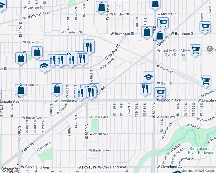 map of restaurants, bars, coffee shops, grocery stores, and more near 2190 South 66th Street in West Allis