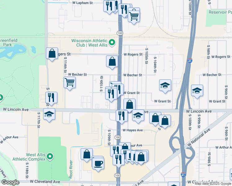 map of restaurants, bars, coffee shops, grocery stores, and more near 2149 South 108th Street in West Allis