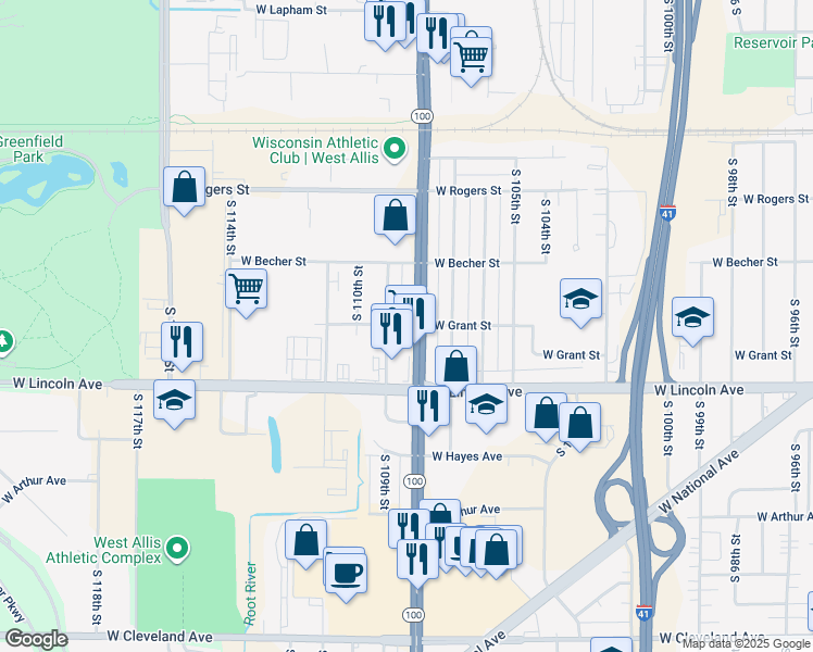 map of restaurants, bars, coffee shops, grocery stores, and more near 2149 South 108th Street in West Allis