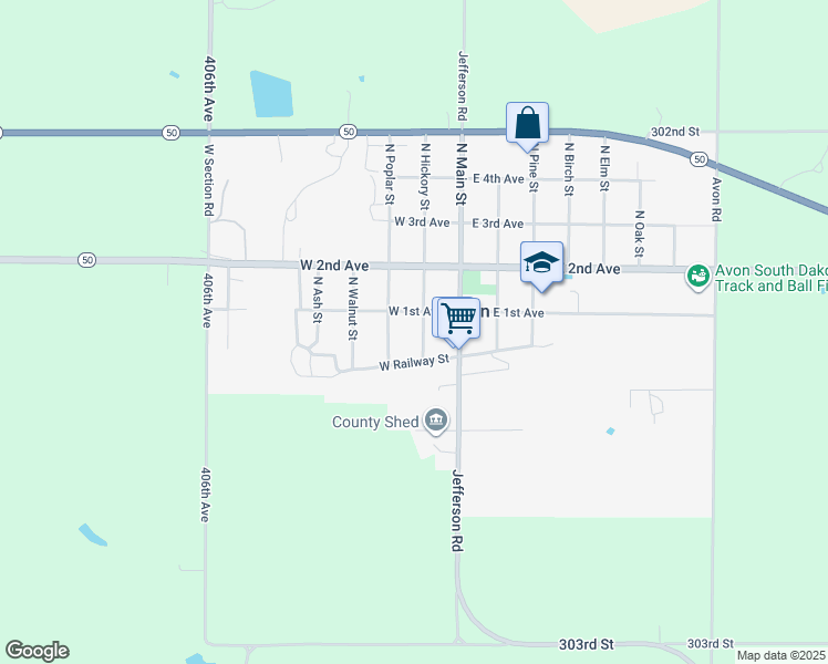 map of restaurants, bars, coffee shops, grocery stores, and more near 211-299 West 1st Avenue in Avon