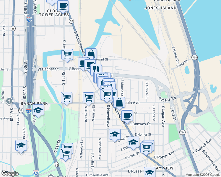 map of restaurants, bars, coffee shops, grocery stores, and more near 2149 South Allis Street in Milwaukee