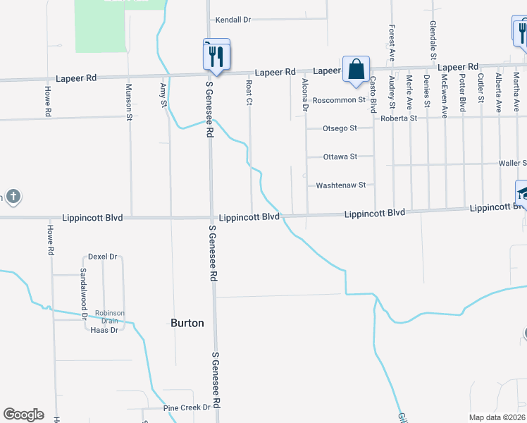 map of restaurants, bars, coffee shops, grocery stores, and more near 5085 Lippincott Boulevard in Burton