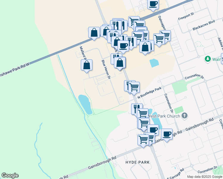 map of restaurants, bars, coffee shops, grocery stores, and more near 1828 Blue Heron Drive in London