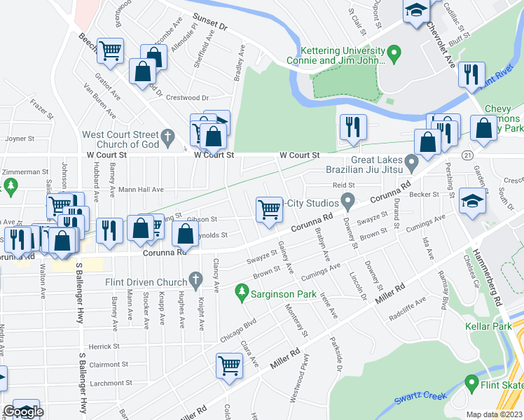 map of restaurants, bars, coffee shops, grocery stores, and more near 2614 Gibson Street in Flint