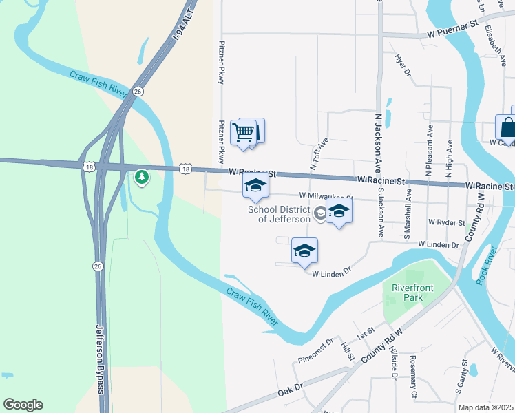 map of restaurants, bars, coffee shops, grocery stores, and more near 900 West Milwaukee Street in Jefferson