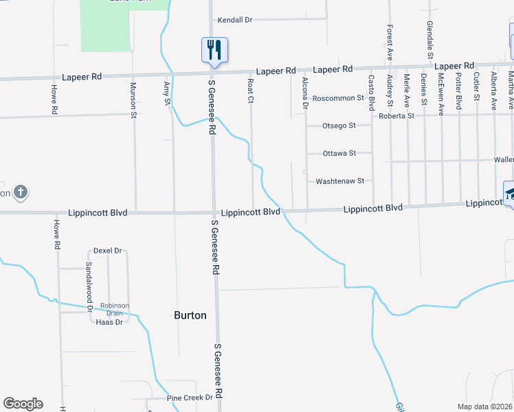 map of restaurants, bars, coffee shops, grocery stores, and more near 5085 Lippincott Boulevard in Burton